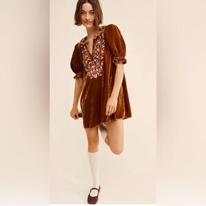 Free People Freya Floral Velvet Mini Dress Rust Brown NWOT LARGE
